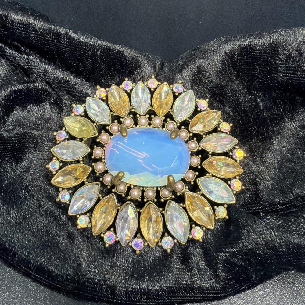Vintage Mid Century Statement Brooch Opalescent Glass AB Rhinestone Signed NR